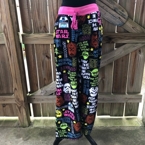 Star Wars Black Plush Drawstring Pajama Pants w/C3PO, R2D2, Yoda, Storm Trooper - Picture 1 of 3
